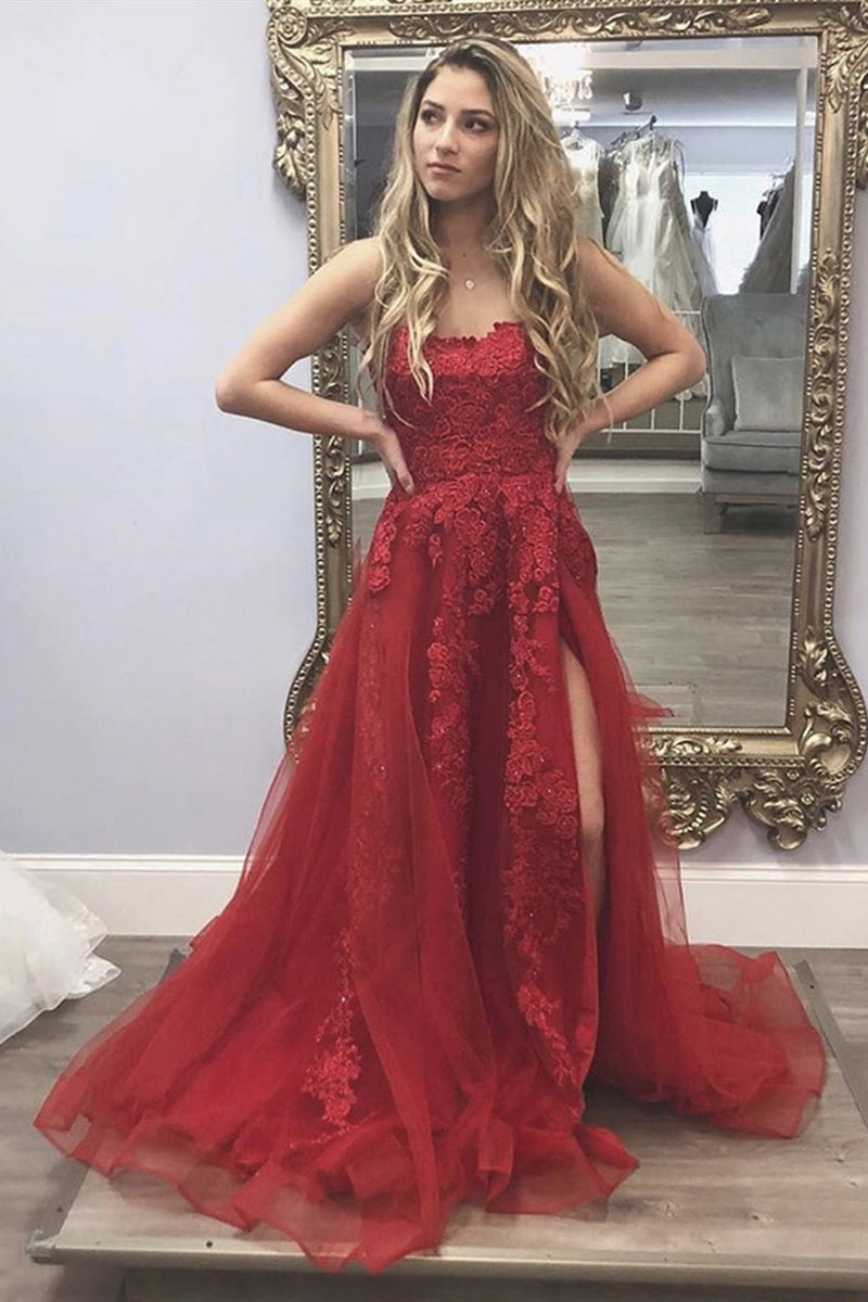 Get Long Burgundy Lace Floral Prom Dress With High Slit Burgundy Lace Floral Formal Graduation 6230